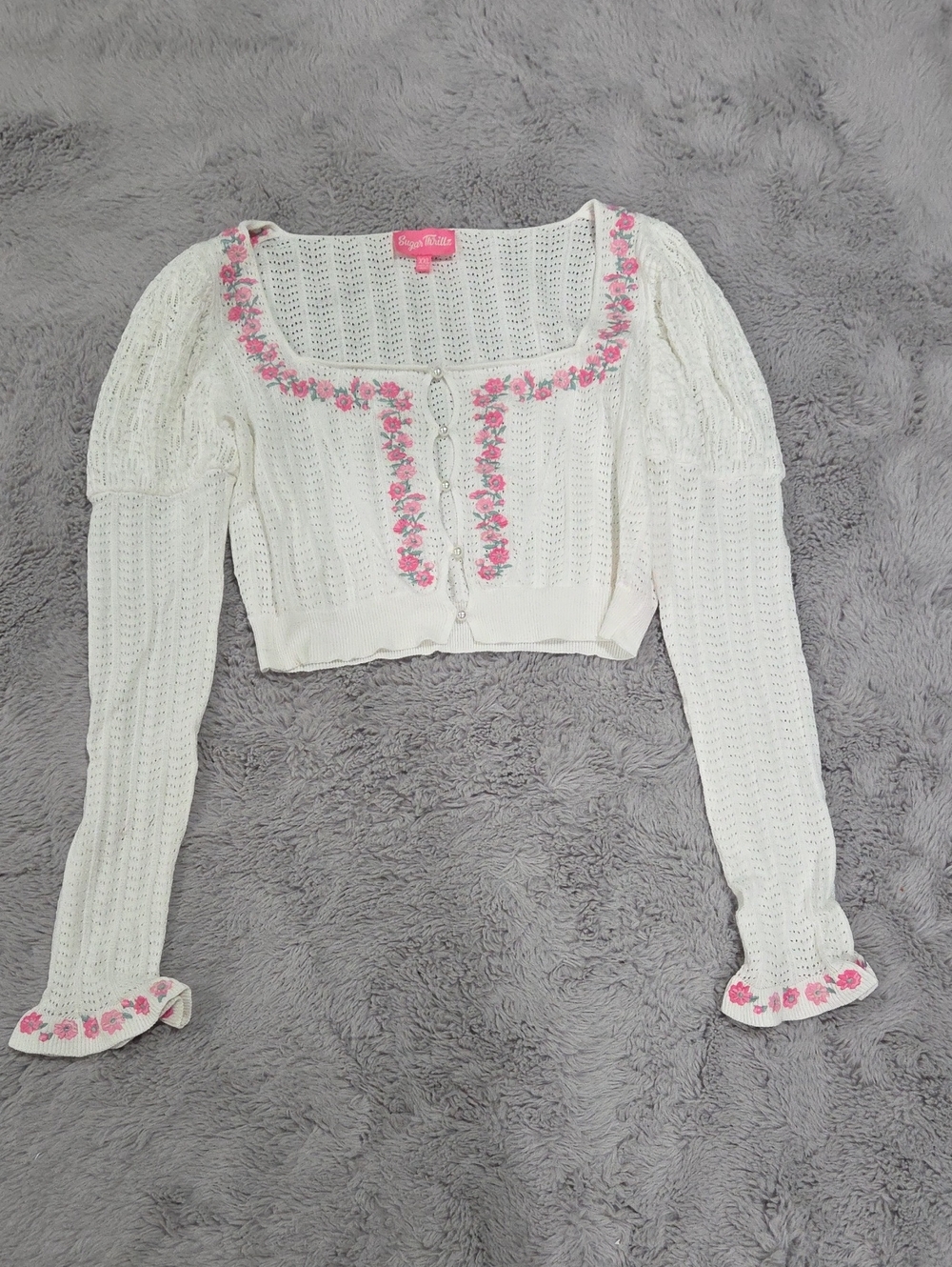 Dolls Kill Sugar Thrillz White Cropped Knit Cardigan with Pink Rose Embroidery